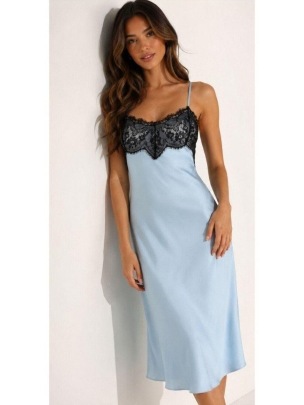 wild fable Light Blue Slip Dress with Black Lace